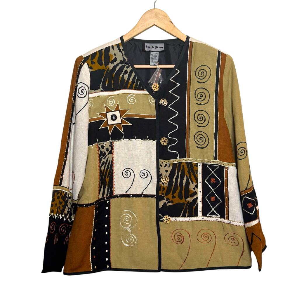 Indigo Moon Flax Blend Safari Patchwork Embroidered Size Medium Jacket